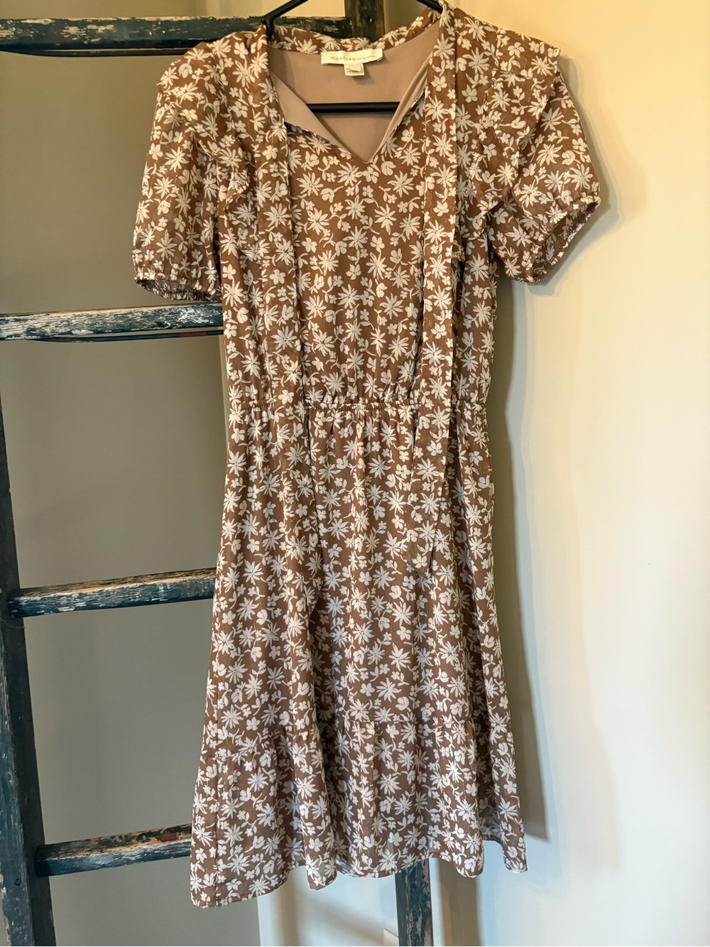 Monteau Brown Floral Midi Dress with White Print
